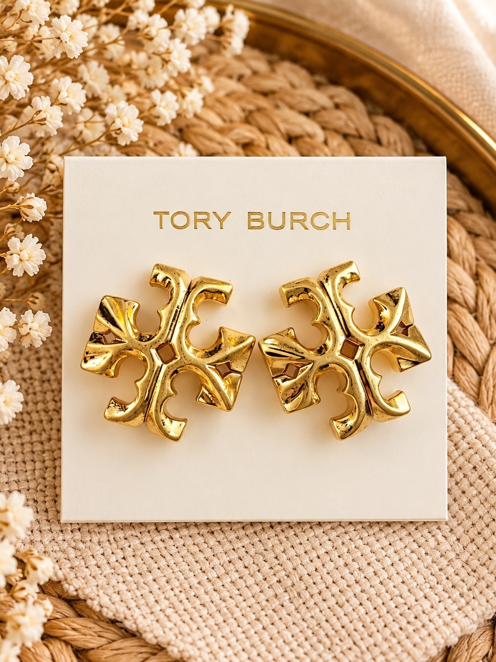 Tory Burch Gold Logo Statement Stud Earrings